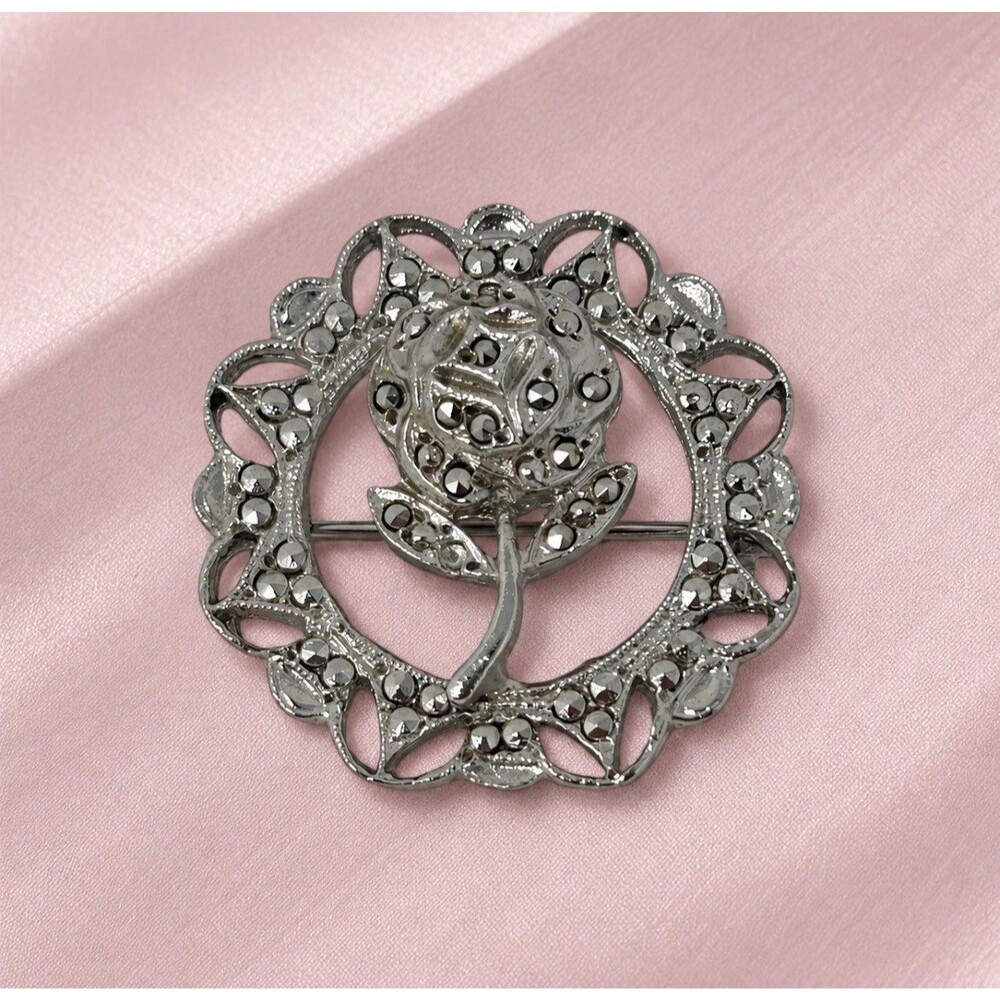 Silver Tone Rose Flower Brooch Marcasite Style Floral Wreath Vintage Style Pin